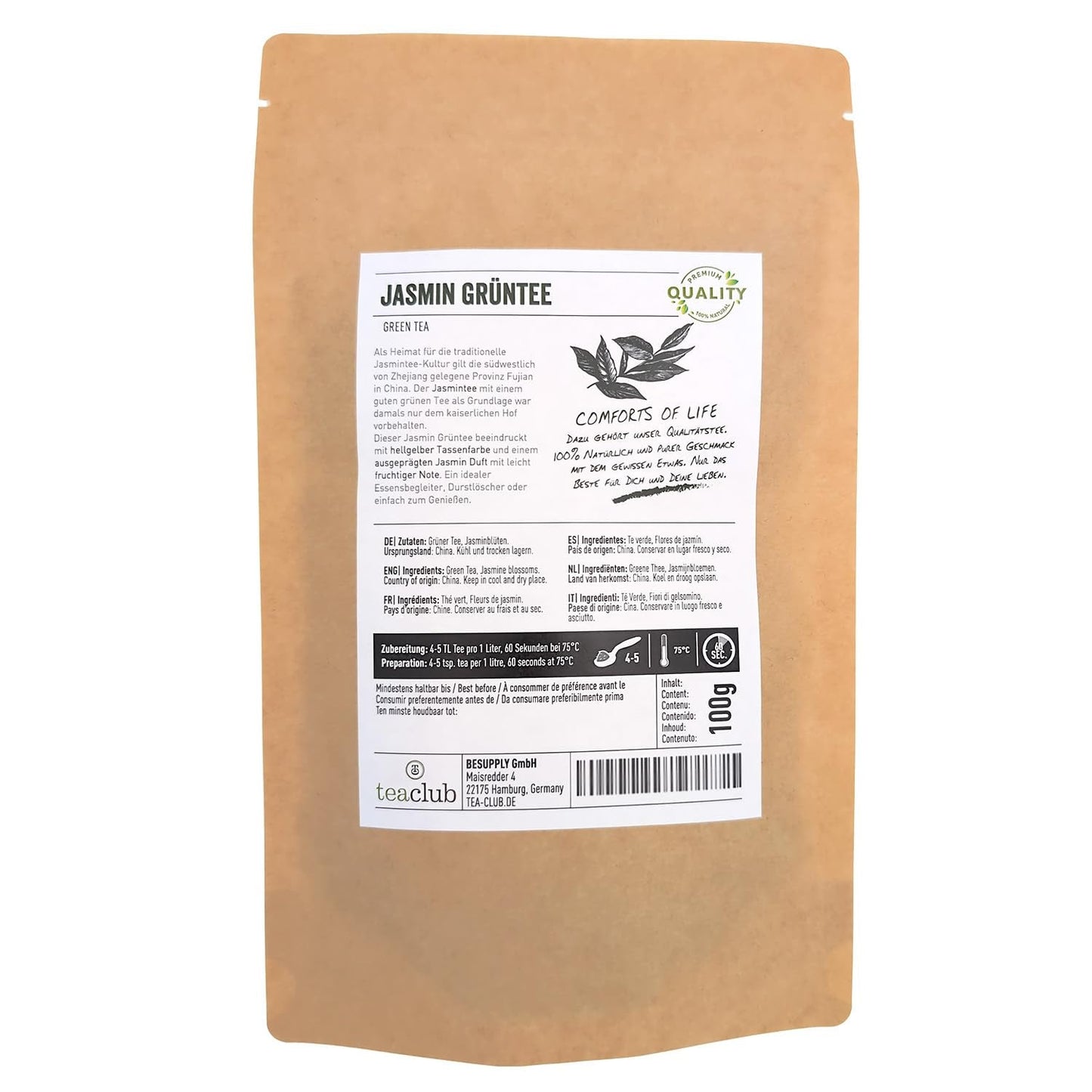 Thé au jasmin en vrac 100g, Thé vert à la fleur de jasmin naturellement aromatisé, Thé vert au jasmin au goût de jasmin prononcé, Thé vert Teaclub