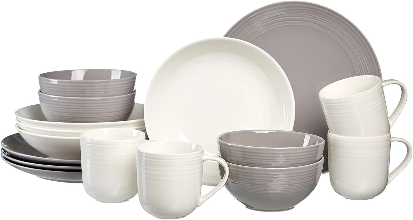 Ritzenhoff & Breker Levi Service de table 16 pièces, assiettes, bols et tasses pour 4 personnes, design scandinave avec relief cannelé fin, vaisselle Mix & Match, porcelaine, blanc et gris