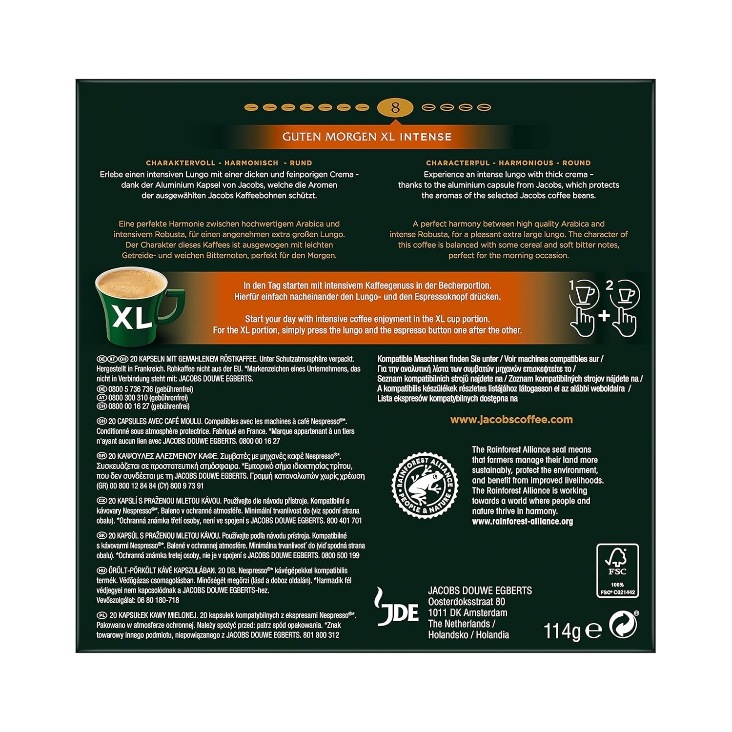 Jacobs Capsules de café Guten Morgen XL Intense - Pack de 10 (10 x 20 tasses) & Capsules de café Lungo Intenso, Intensité 8 sur 12, 200 capsules compatibles Nespresso®*, 10 x 20 tasses