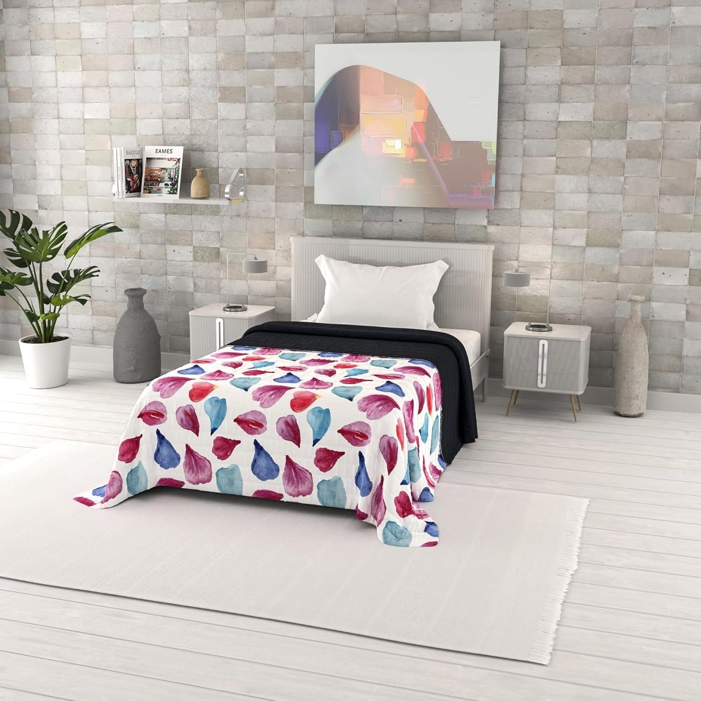 Couette d'été imprimée fantaisie, rembourrage en polyester, pétales, 260 x 270 cm.