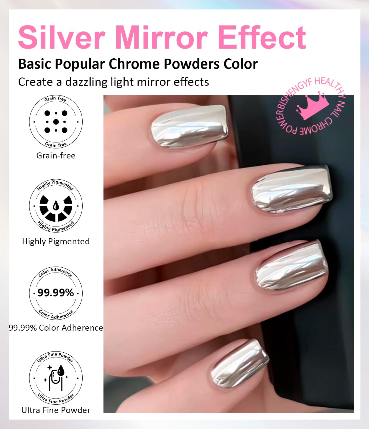 BISHENGYF Silver Chrome Nail Powder - Metal Holo Chromfarbener Nagelpuder, 1G Cromepulver Nägel Glitzer Glänzende Silver Nagelpulver Spiegeleffekt Pigment Nagelkunst, DIY-Design-Dekor Frauen Geschenk