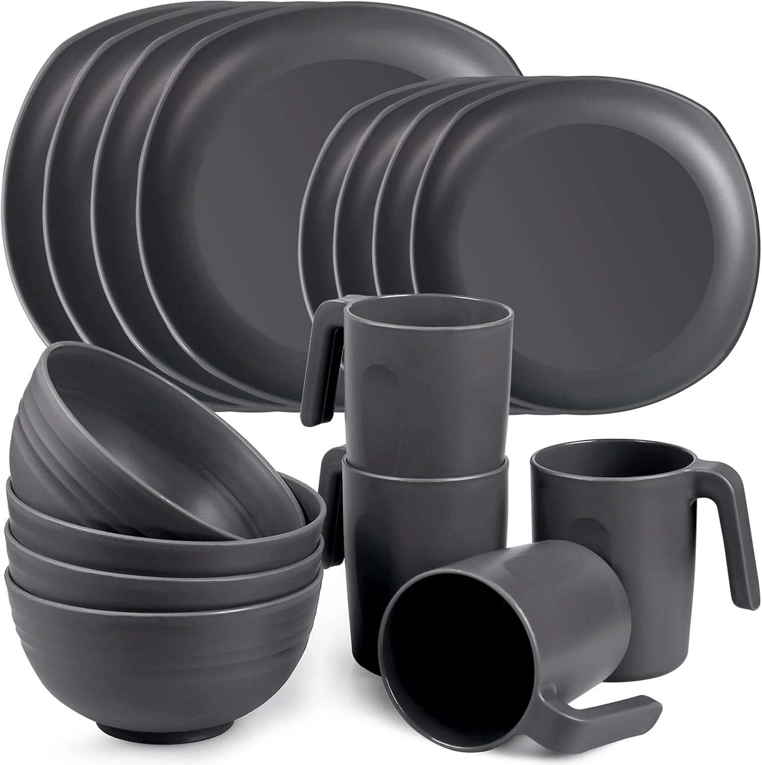 Ensemble de vaisselle en PP | Service de table léger et indestructible de 16 pièces pour enfants et adultes, 4 assiettes, 4 assiettes à dessert, 4 bols, 4 tasses, ensemble combiné pour 4 personnes