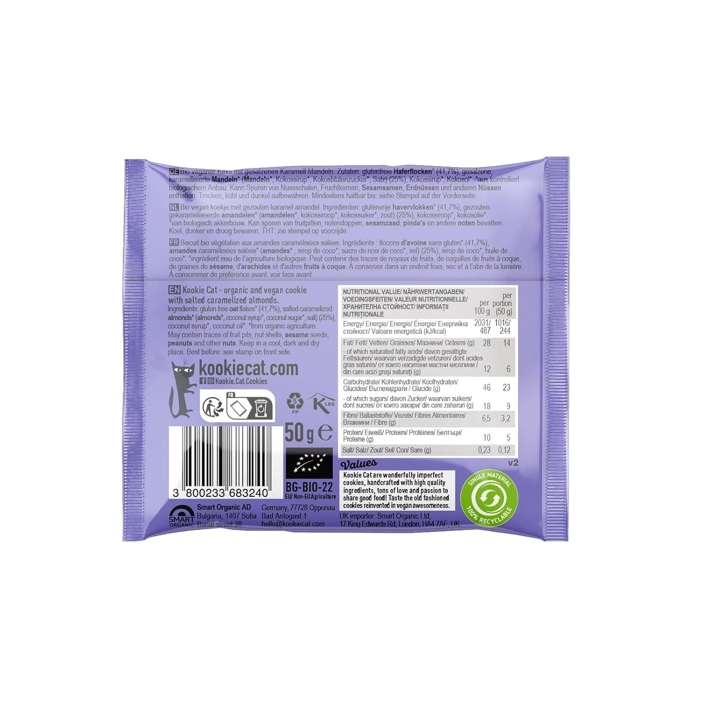 Biscuits végétaliens aux amandes et au caramel salé – Emballés individuellement, sans gluten, sans soja, avoine biologique aux amandes – 12 x 50 g Multipack (lot de 2)