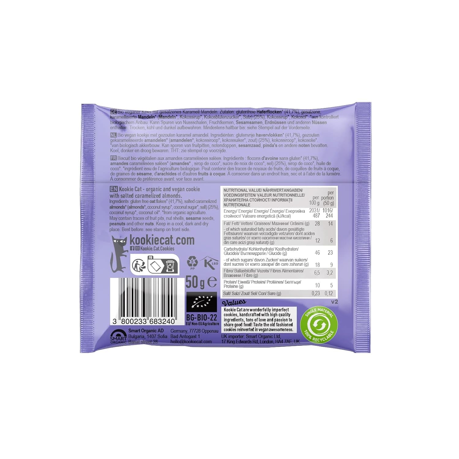 Biscuits végétaliens aux amandes et au caramel salé – Emballés individuellement, sans gluten, sans soja, avoine biologique aux amandes – 12 x 50 g Multipack (lot de 2)