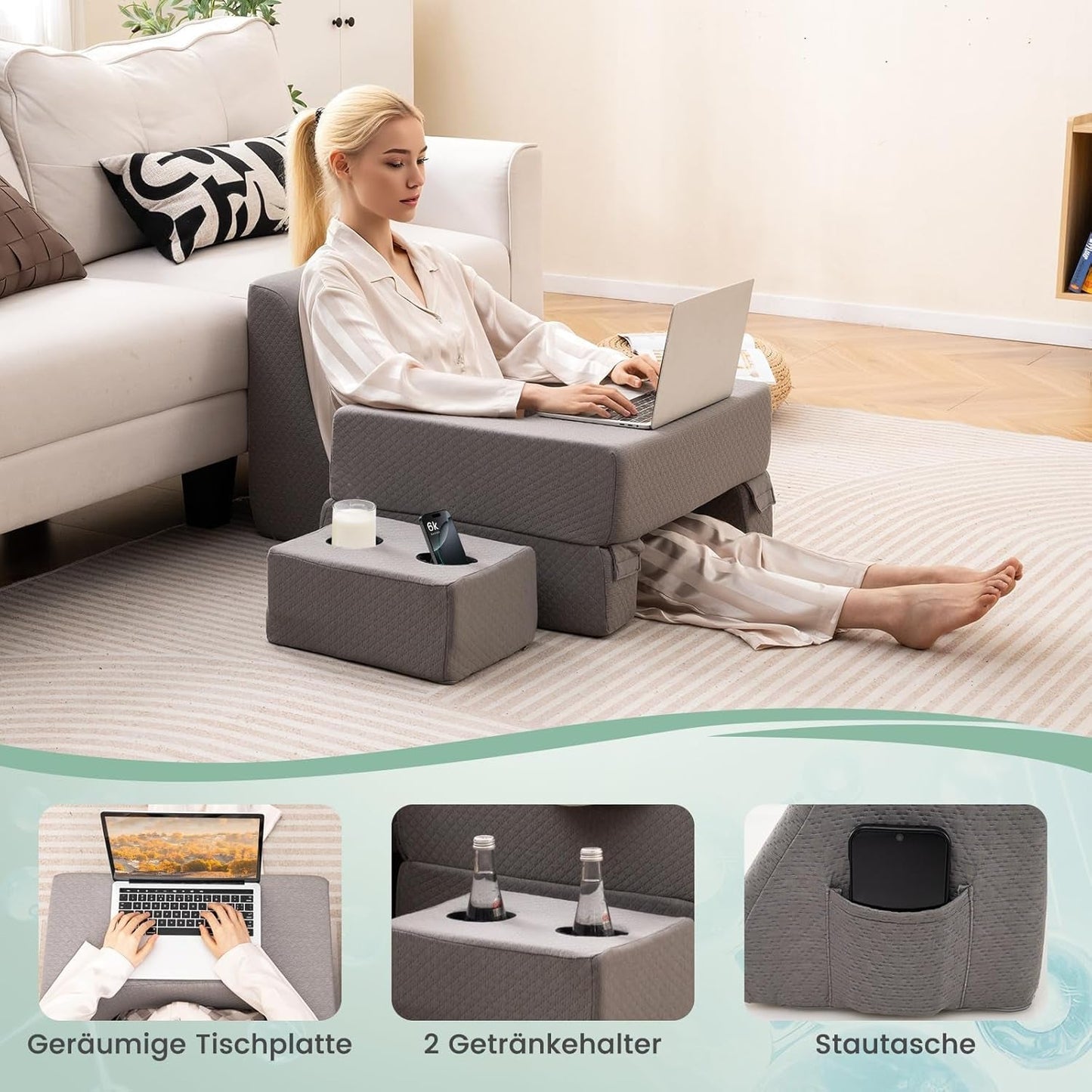 Oreiller de lecture pour lit et canapé, coussin de livre, librement combinable avec porte-boisson et housse lavable, oreiller de bureau réglable pour ordinateur portable pour lire, jouer, travailler, écrire (gris)