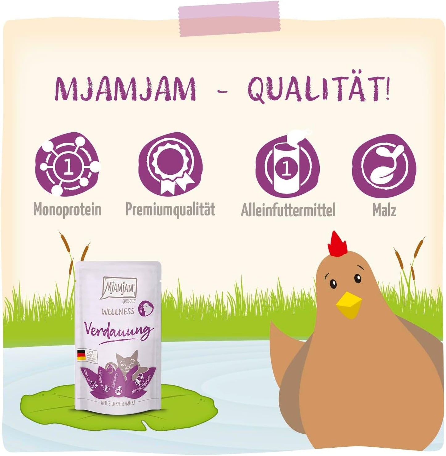 MjAMjAM - Nourriture humide premium pour chat - Bien-être - Digestif - Poulet, pack de 12 (12 x 125g), sans céréales