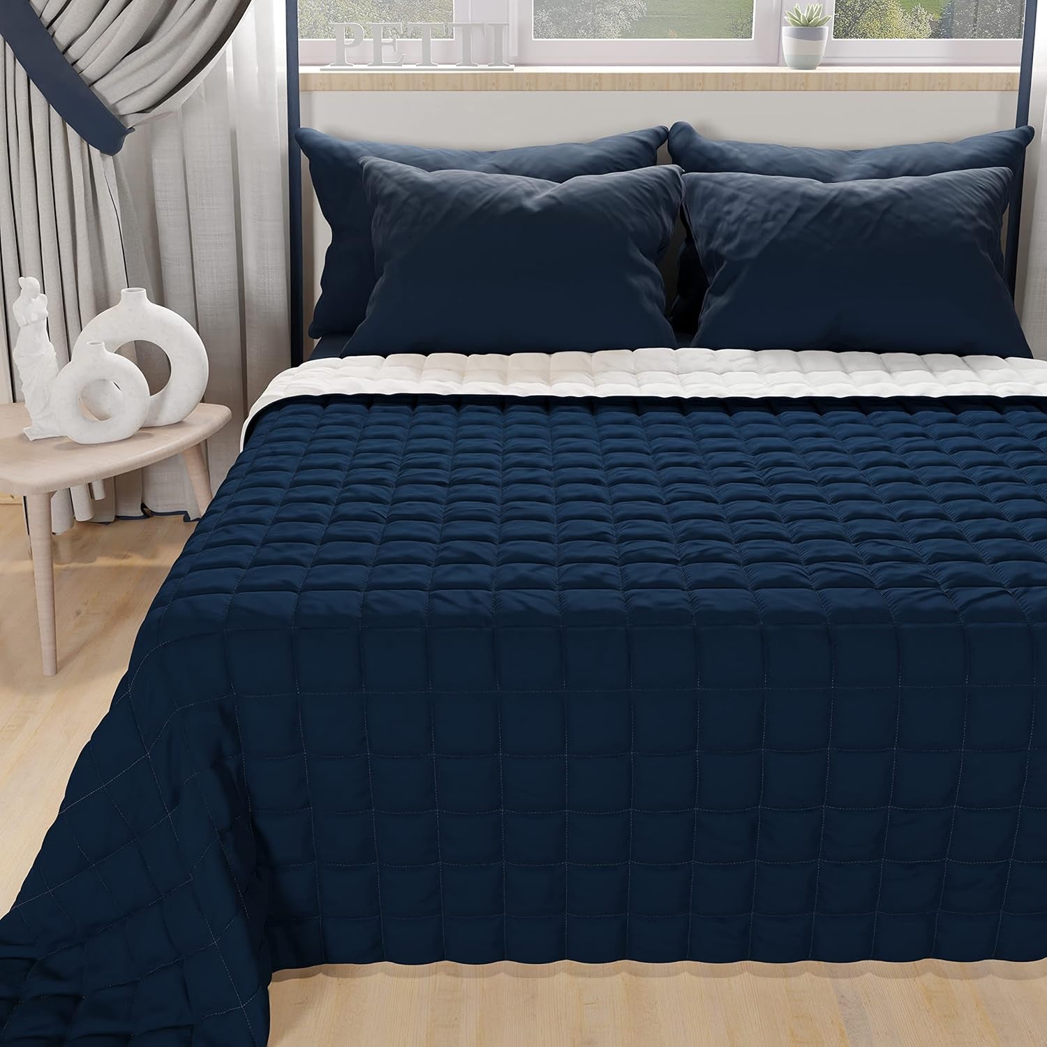PETTI Artigiani Italiani - Couvre-lit simple, couvre-lit double face, couvre-lit à ressorts, bleu nuit, blanc, 100% Made in Italy Couettes et couettes Naty Shop Bleu nuit Blanc Lit simple