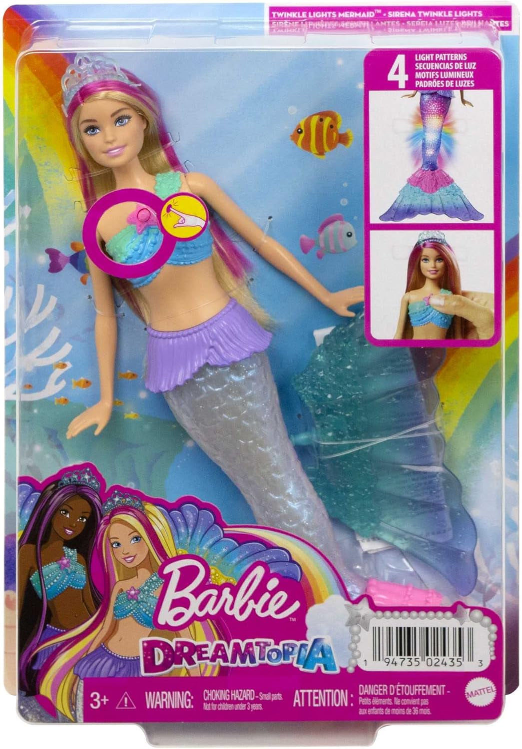 Barbie Dreamtopia Poupée sirène lumineuse magique aux cheveux blonds, poupée Barbie avec queue de sirène, convient comme cadeau pour les enfants de 3 ans et plus, HDJ36