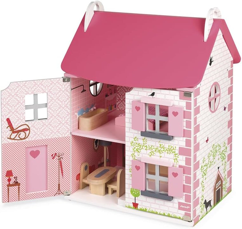 Janod - Maison de poupée en bois Mademoiselle, 3 étages et 11 accessoires, réplique de jouet, développe l'imagination, à partir de 3 ans, J06581, rose Naty Shop Dollhouses