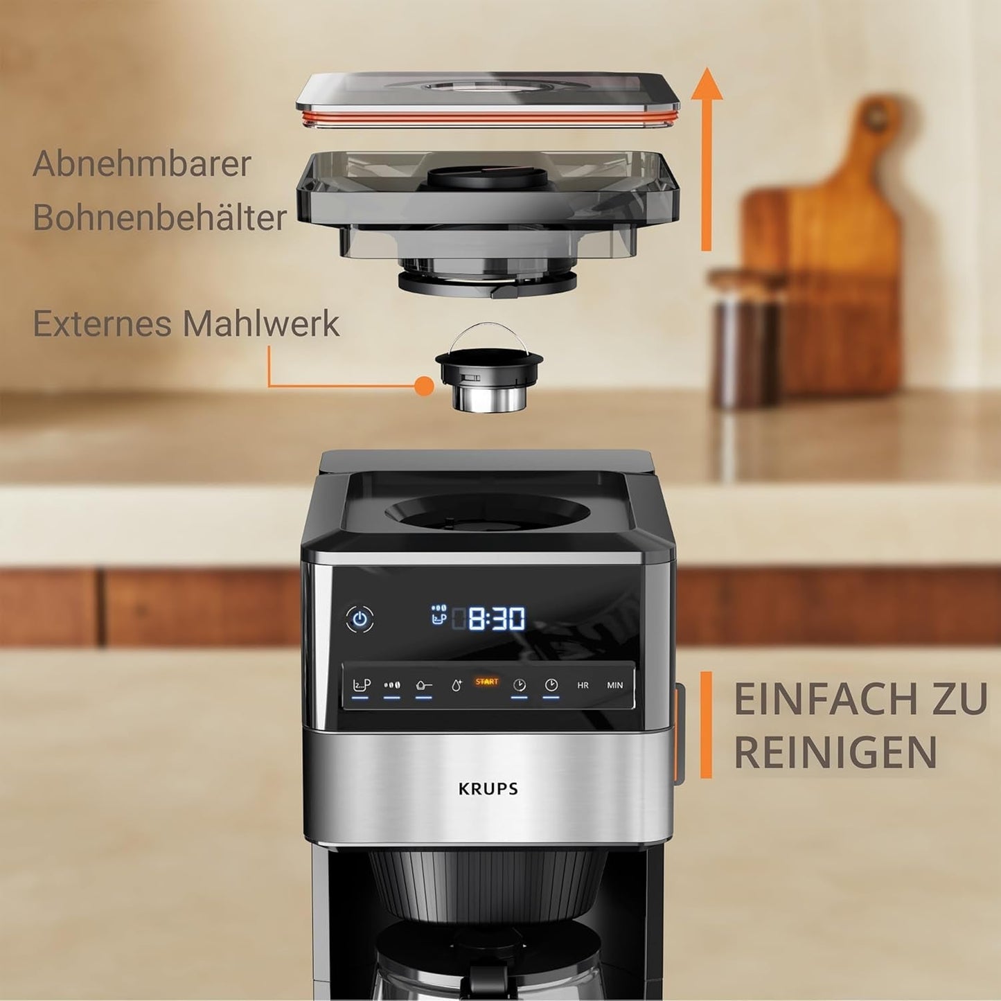 KRUPS Grind Aroma XL Machine à expresso, broyeur conique amovible, panneau de commande numérique, capacité XL (1,5 L), fonction maintien au chaud, carafe en verre, noir/acier inoxydable, KM842810