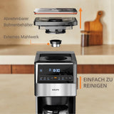 KRUPS Grind Aroma XL Machine à expresso, broyeur conique amovible, panneau de commande numérique, capacité XL (1,5 L), fonction maintien au chaud, carafe en verre, noir/acier inoxydable, KM842810