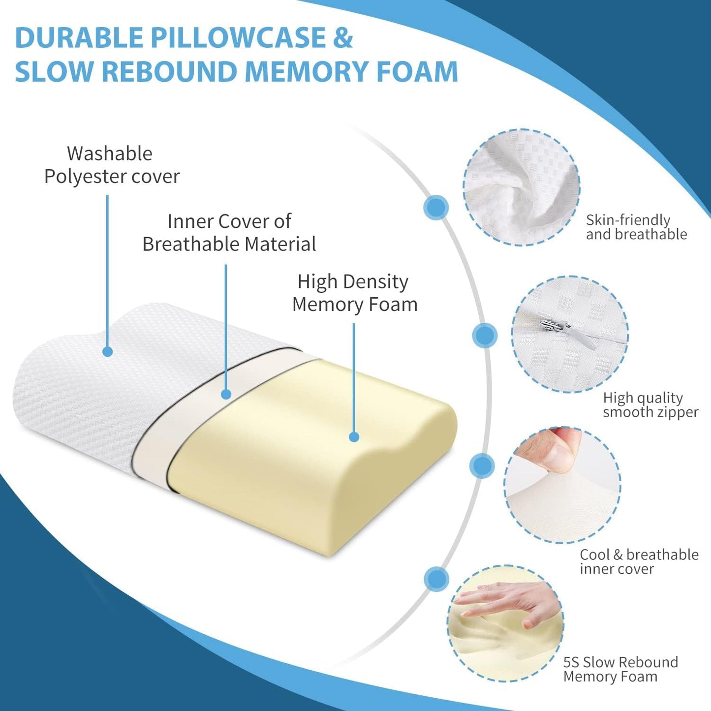 Findigit Health Pillow, Oreiller en mousse à mémoire de forme, Oreiller orthopédique de soutien du cou pour dormeurs sur le côté et sur le dos, Oreiller ergonomique pour la colonne cervicale (60 X 35 X 11/9 cm) Oreillers orthopédiques cervicaux Naty Shop