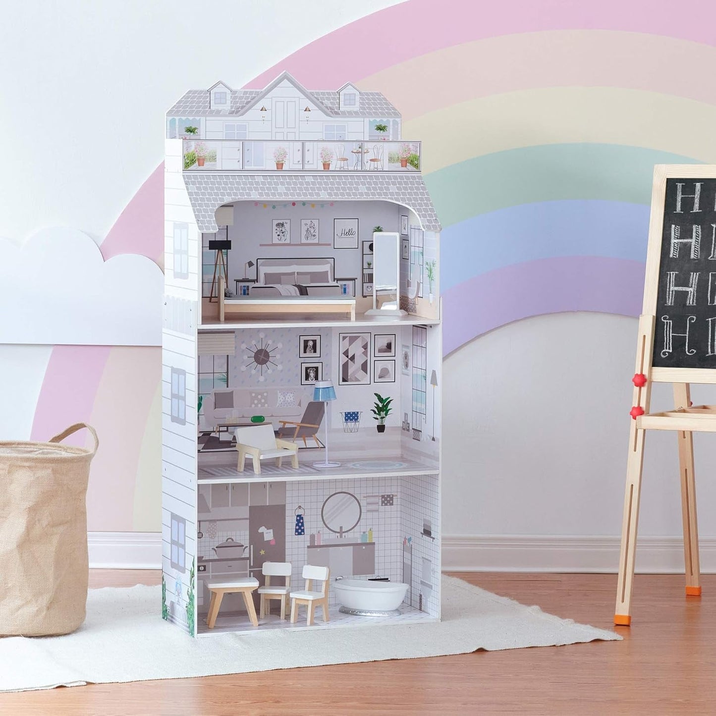 Teamson Kids Olivia's Little World Maison de poupée géante avec meubles et accessoires, maison de poupée en bois, ensemble de jeu à 3 niveaux pour poupées de 30 cm, à partir de 3 ans