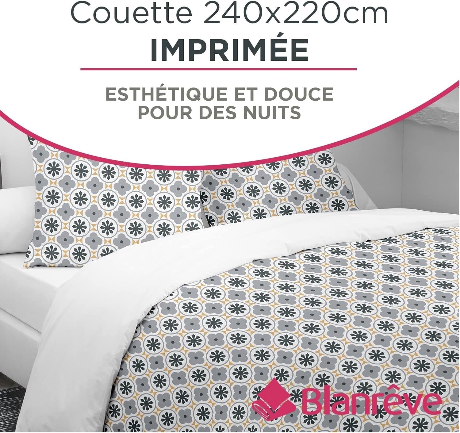 Housse de couette Blanrève Imprimée ou unie, Trempée, Pour lit double, Facile d'entretien, 240 X 220 Cm, Gris, Blanc Couettes et couettes Naty Shop