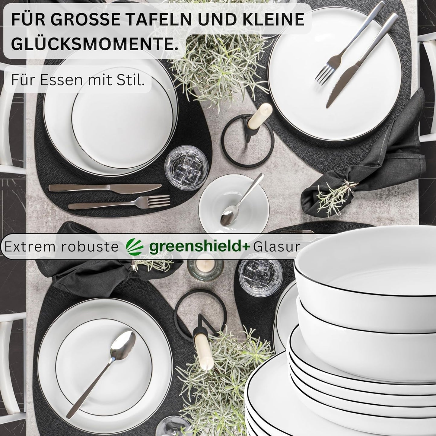 SANGER | Marlo Service de table à bords noirs et blancs, service de table 18 pièces en porcelaine pour 6 personnes, blanc avec accents noirs, assiettes plates, assiettes à dessert et bols, design moderne | LA COLLECTION PREMIUM