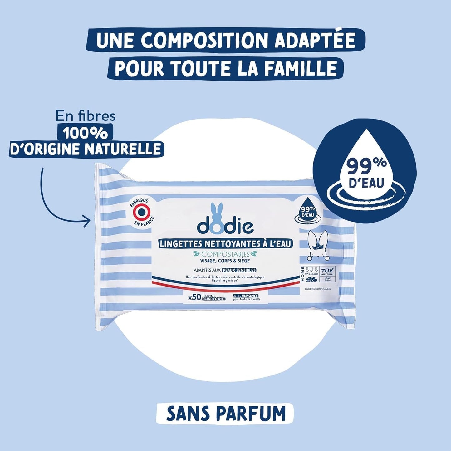 Paquet de 8 paquets de lingettes nettoyantes compostables à l'eau, 50 unités