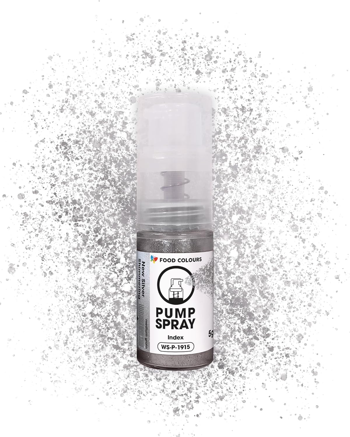 Spray alimentaire pailleté comestible NEW SILVER SHIMMERING Pompe 5G à poudre métallique pour une décoration rapide et efficace de gâteaux, crèmes, gelées, pralines, décorations en chocolat et sucre