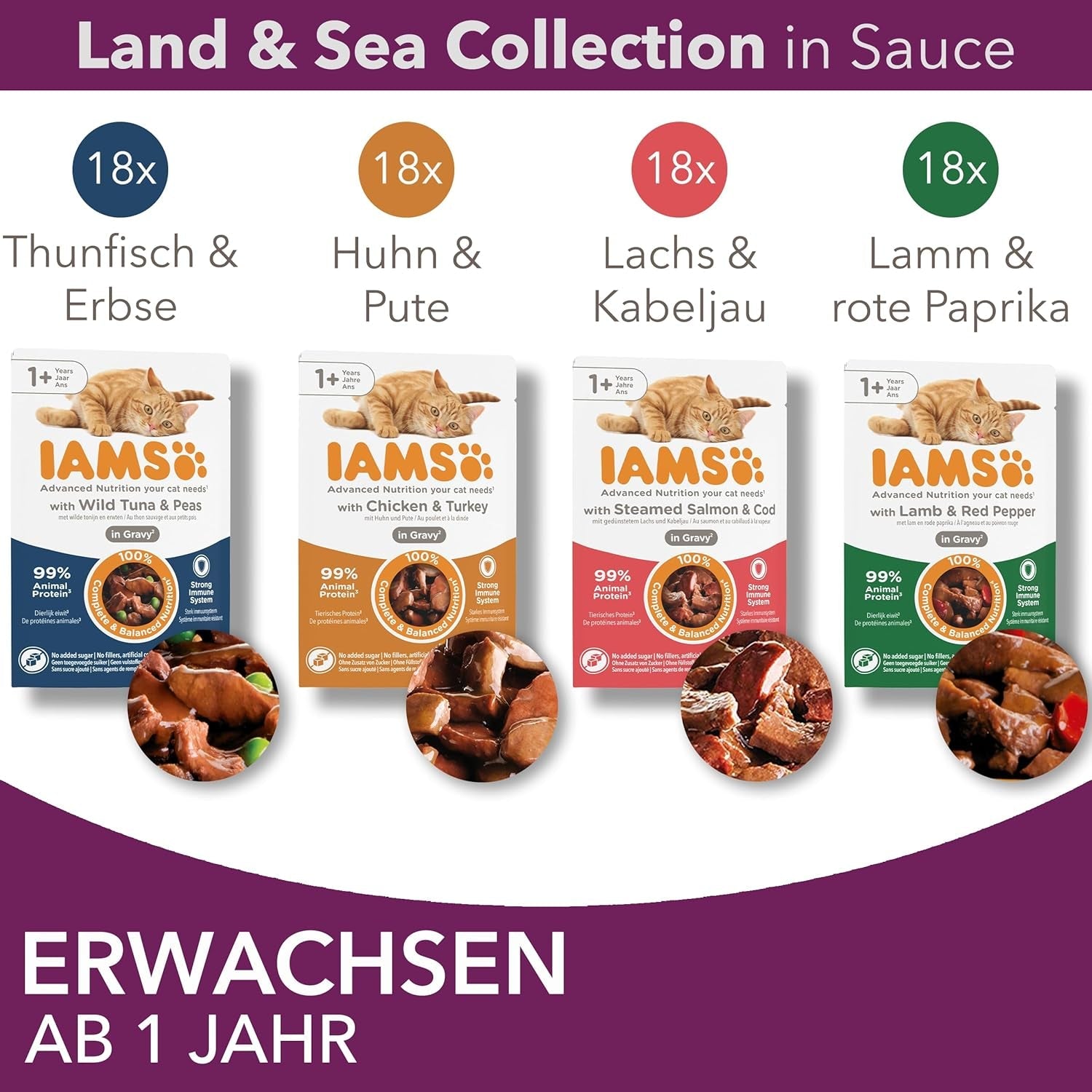 IAMS Delights Land & Sea Collection Nourriture humide pour chats - Assortiment de viande et de poisson multipack en sauce, nourriture humide pour chats à partir de 1 an, 72 x 85 g