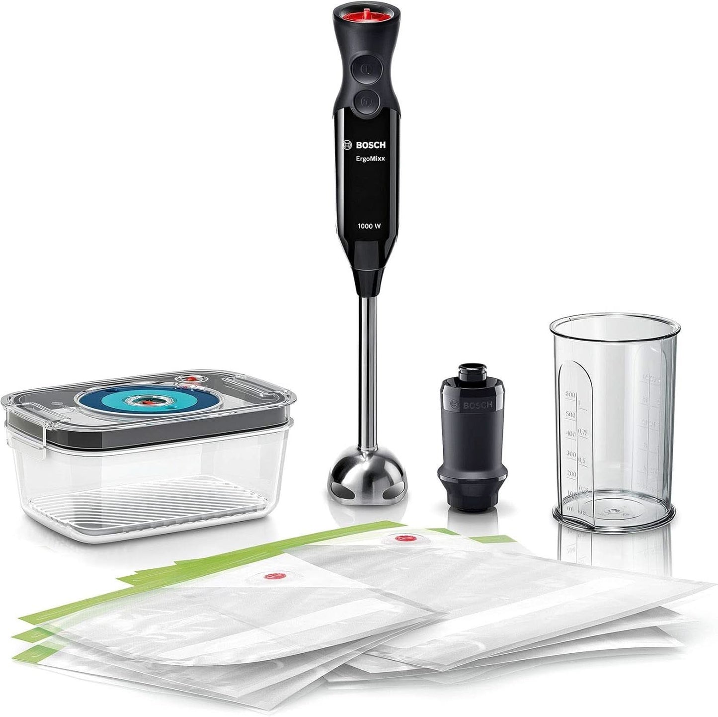 Bosch Stabmixer Ergomixx MS6CB61V1, Fonction Vakuum, Edelstahl-Mixfuß, Mix- Und Messbecher, Vakuum-Pumpe, Vakuum-Beutel, Vakuum-Frischhaltedose, 12 Stufen plus Turbo, 1000 W, Noir/Anthrazit Kitchen Naty Shop