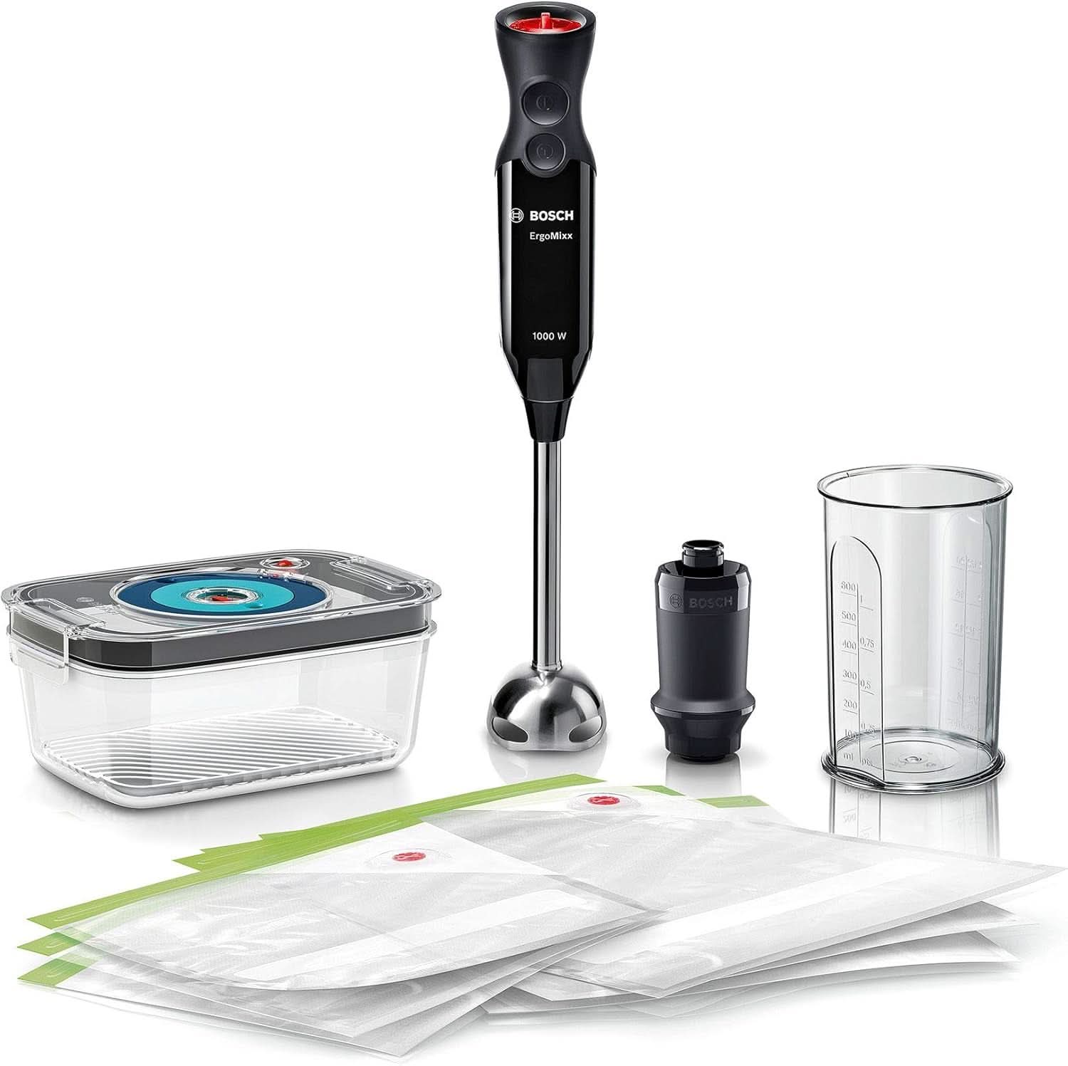 Bosch Stabmixer Ergomixx MS6CB61V1, Fonction Vakuum, Edelstahl-Mixfuß, Mix- Und Messbecher, Vakuum-Pumpe, Vakuum-Beutel, Vakuum-Frischhaltedose, 12 Stufen plus Turbo, 1000 W, Noir/Anthrazit Kitchen Naty Shop