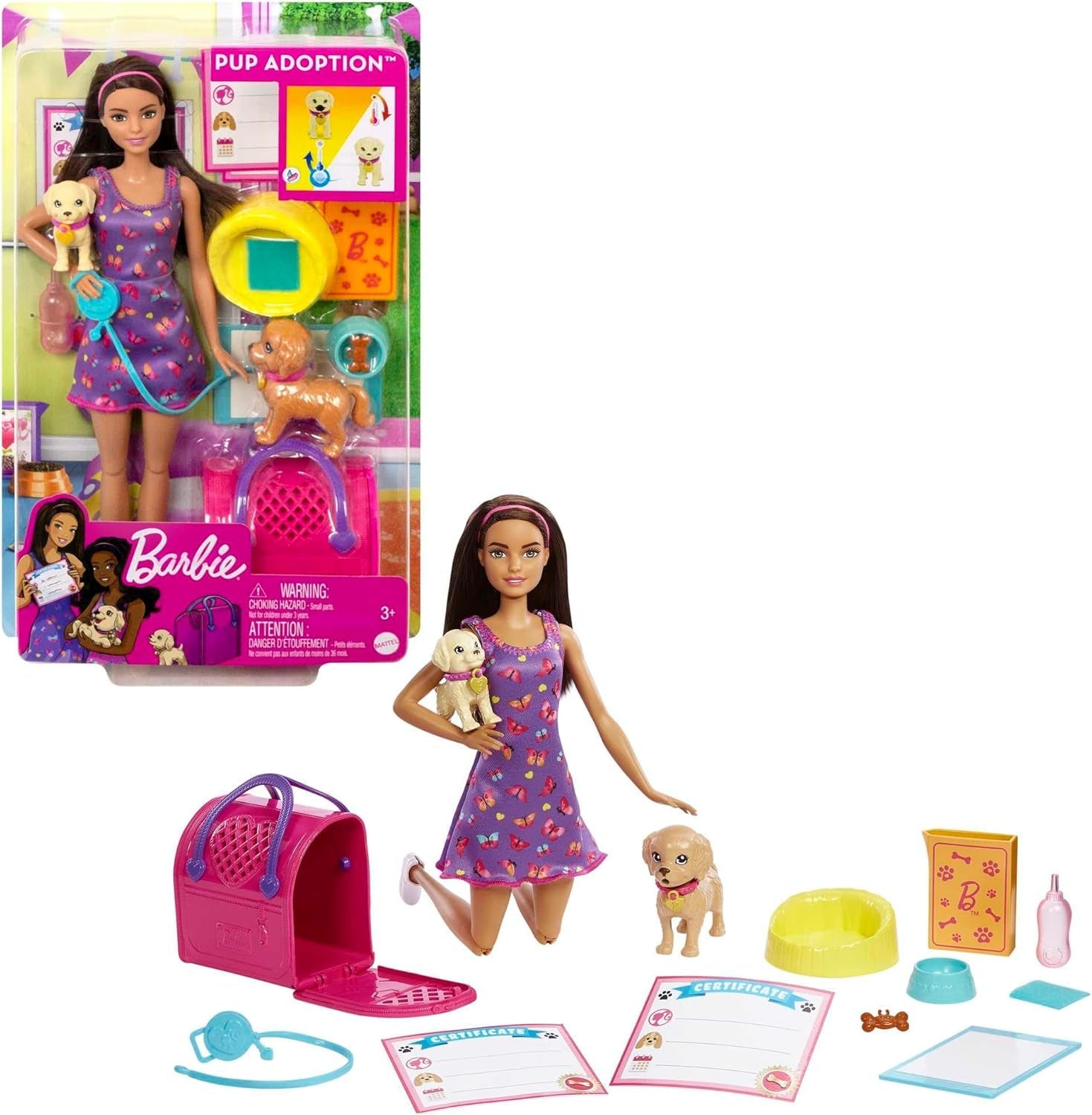Adoption Barbie Puppy - Poupée et 2 chiots, avec certificats d'adoption, effet changement de couleur, cage et accessoires, pour enfants à partir de 3 ans, HKD 86