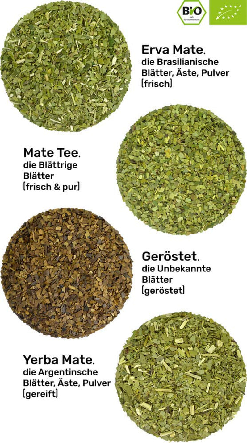 Coffret de dégustation de thé Mate ● 4 variétés de thé Mate biologique ● 100 g chacune Erva Mate + Yerba Mate + Thé vert Mate + Thé Mate torréfié