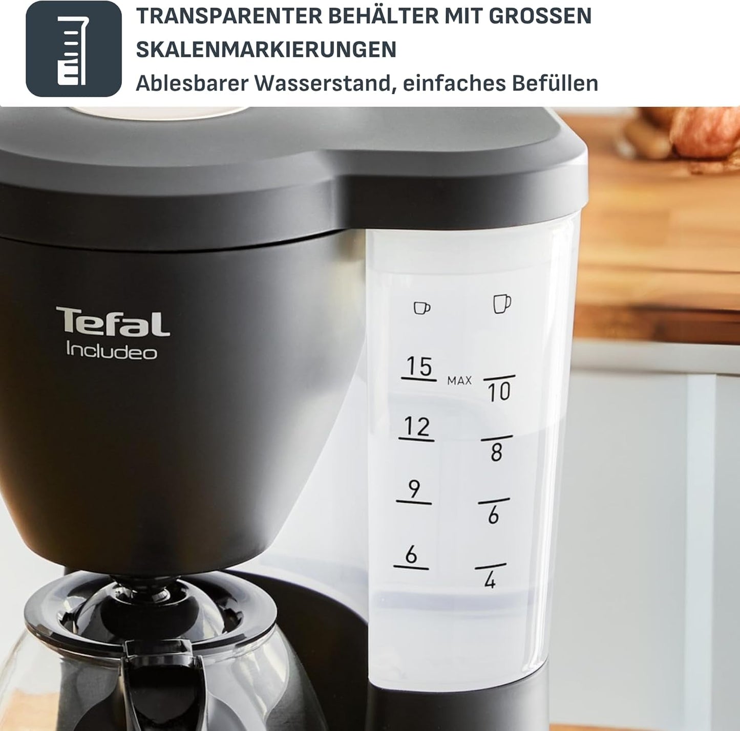 Tefal Includeo Filter Machine à Expresso, Machine à Expresso Extrêmement Facile à Utiliser, Adaptée aux Droitiers et aux Gauchers, Ouverture Automatique du Couvercle, 1,25 L, 10 à 15 Tasses, CM533811