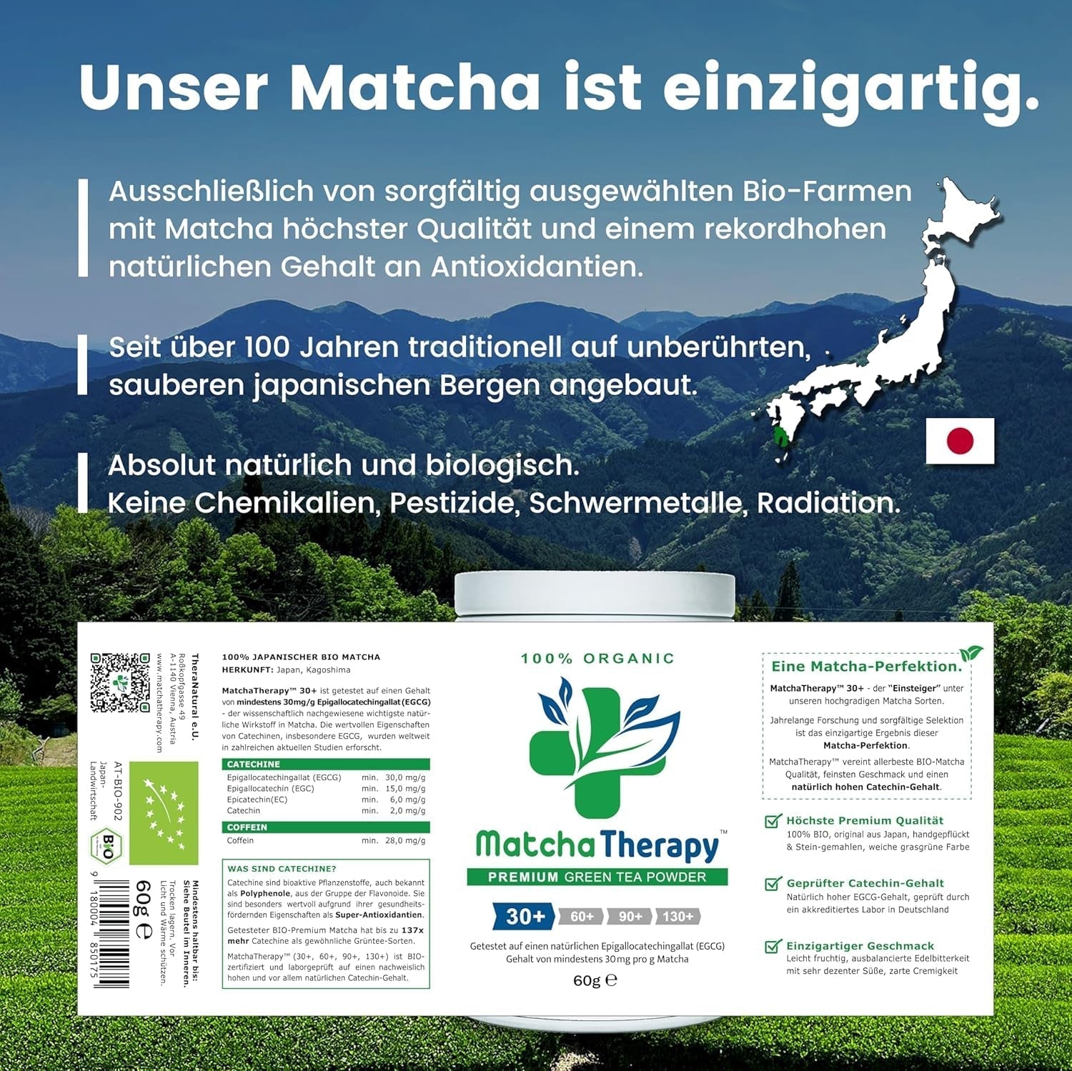 Thérapie Matcha 30+ | Poudre de thé Matcha biologique | 60g | Avec une teneur vérifiée d'au moins 30 mg/g de catéchine EGCG | Soutient le système immunitaire et les niveaux d'énergie | Qualité cérémoniale | Thé vert du Japon