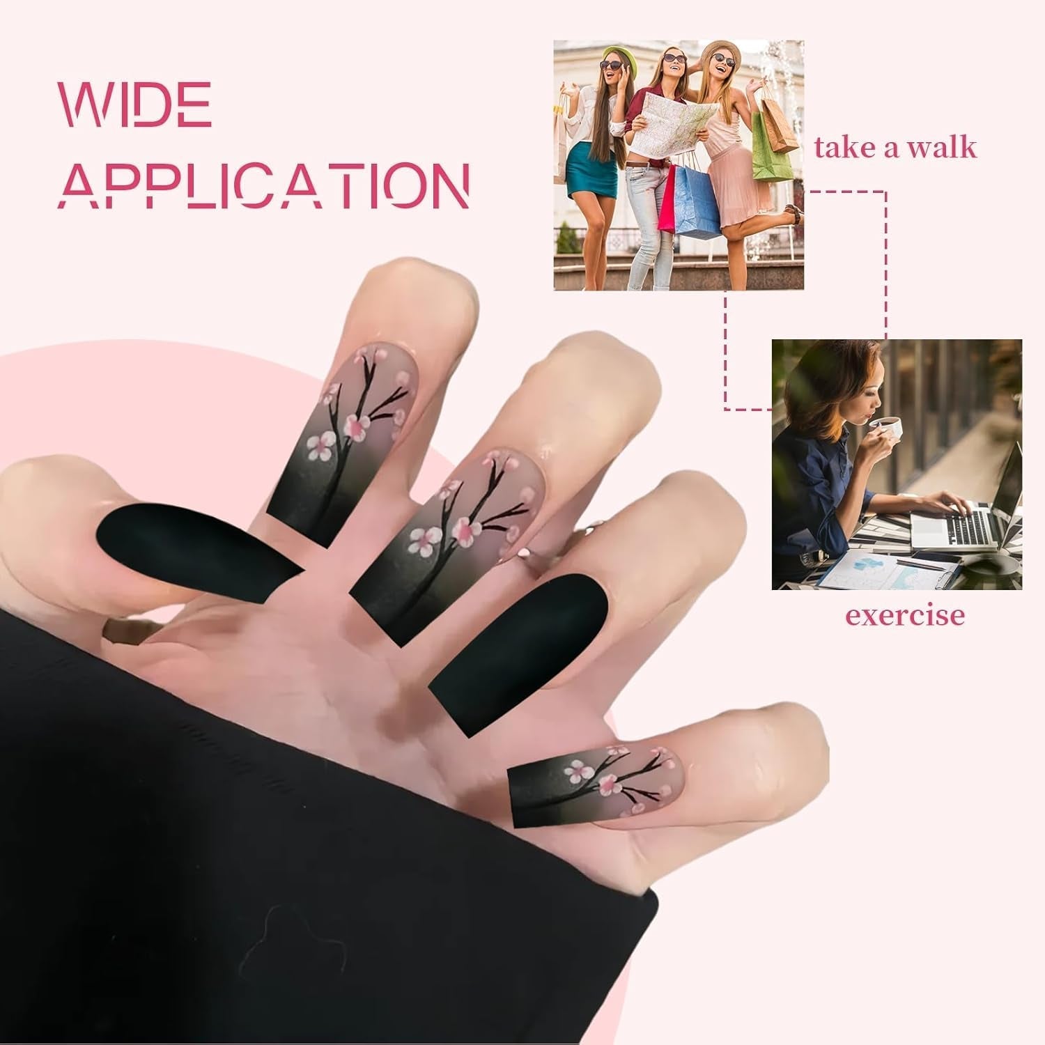 24 pièces automne noir français presse ongles rose fleur longs ongles colle sur faux ongles automne faux ongles ensemble avec accessoires