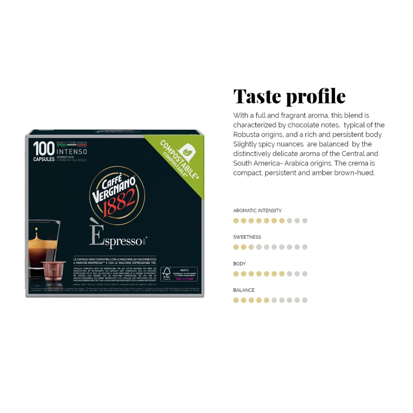 Caffè Vergnano 1882 - Èspresso Kompostierbare Kaffeekapseln , Compatible Avec Nespresso, Intenso (Intenso) - Packung Enthält 100 Kapseln