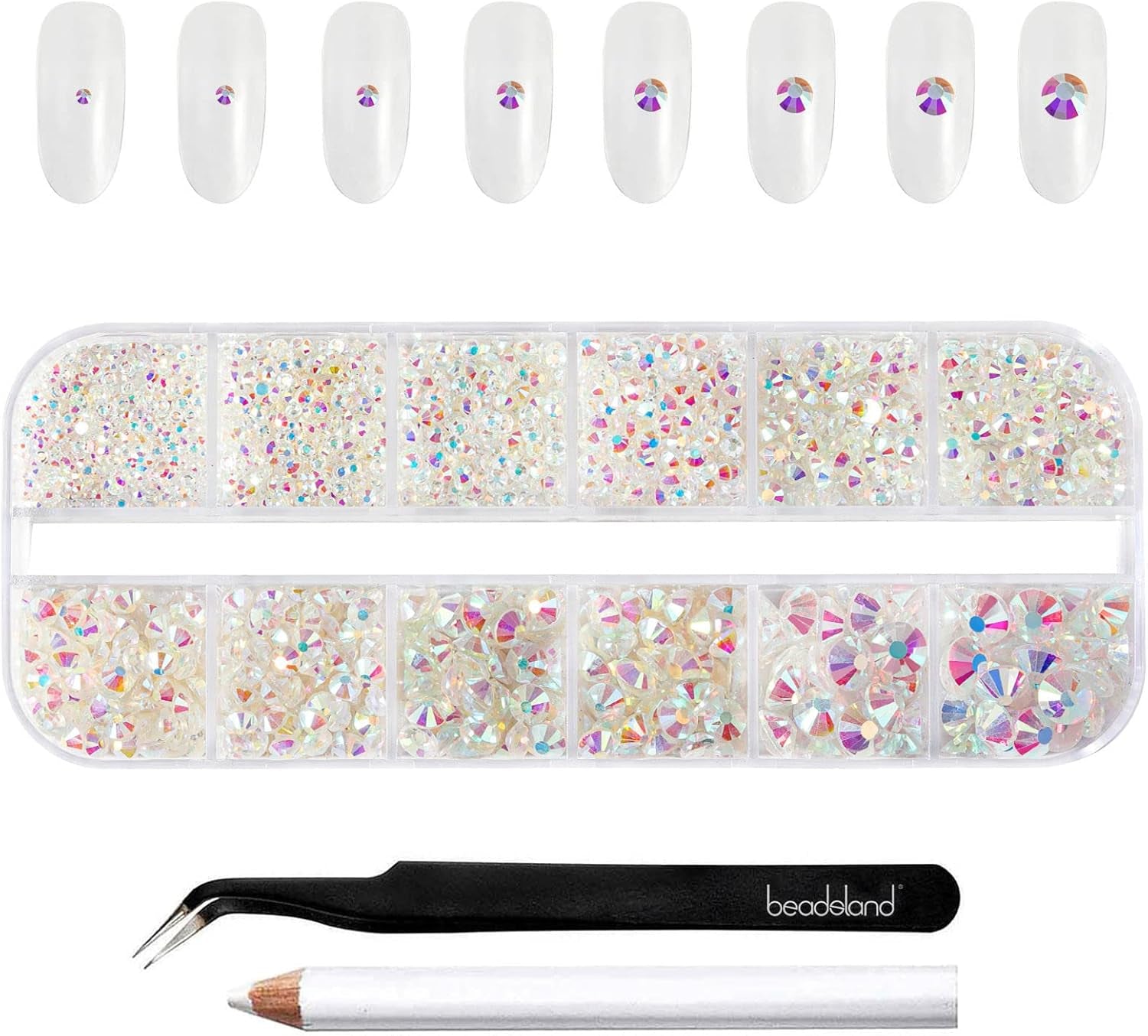 Beadland 2500Pcs Verre Nailart Strasssteine ​​​​Kristall Flatback Edelsteine ​​​​Runde, ​​​​pour Handwerk Gemischt 8 Größen SS4 ~ SS30 Mit Picking Pinzette Und Stift (Kristall Weiss)