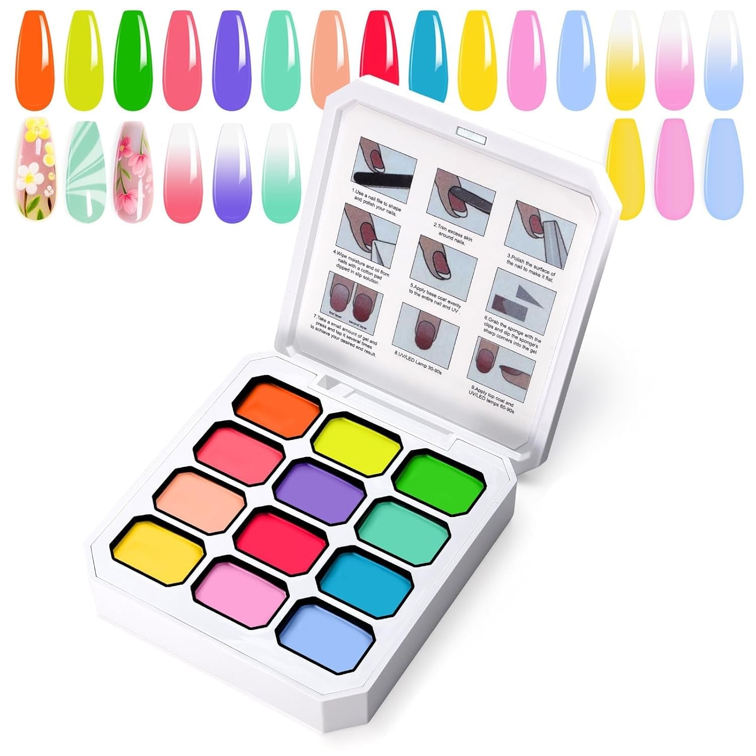 Gel de peinture dégradé, 12 couleurs de vernis à ongles gel ombré avec 100 éponges à ongles et 4 griffes en métal pour manucure française DIY Nail Art, Set I