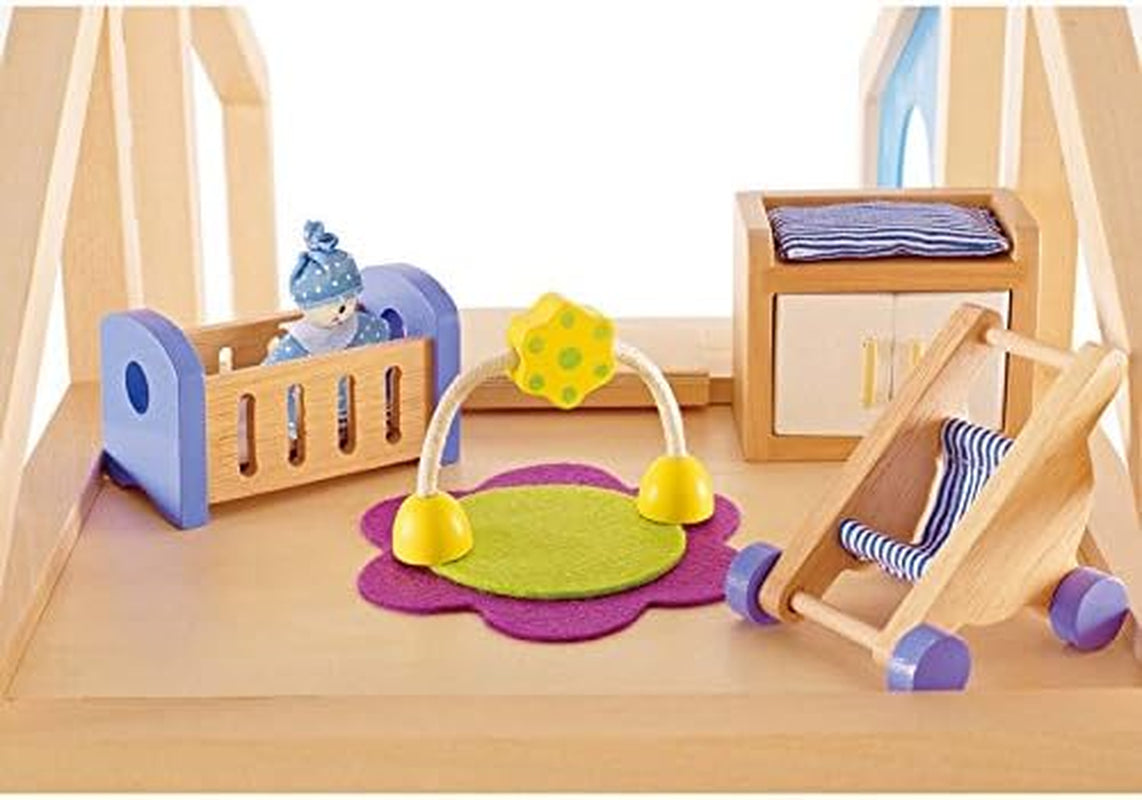 E3401 - Maison Quatre Saisons (meublée), maison de poupée avec accessoires, en bois et E3459 - Chambre bébé