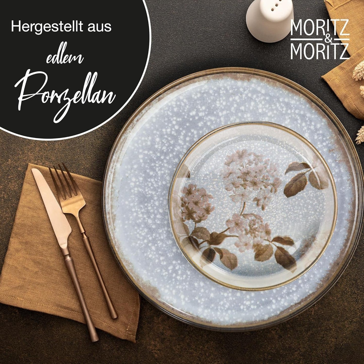 Moritz & Moritz BLOSSOM service de table en porcelaine pour 6 personnes, 18 pièces - Vaisselle moderne au design ludique - Service à café facile d'entretien avec assiettes et bols - Service combiné