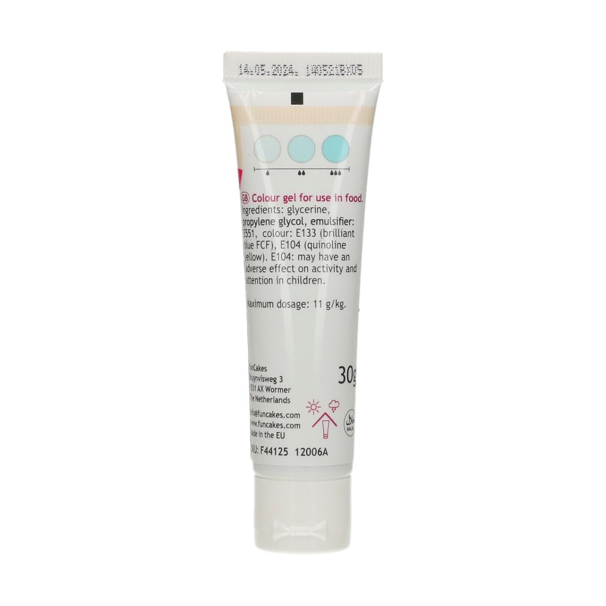 Colorant alimentaire Funcakes Gel Bleu Bébé : Colorant alimentaire très concentré pour pâte, crème, fondant et pâte d'amande. Dosage facile. Une seule goutte pour créer des couleurs vibrantes. Halal. 30g.