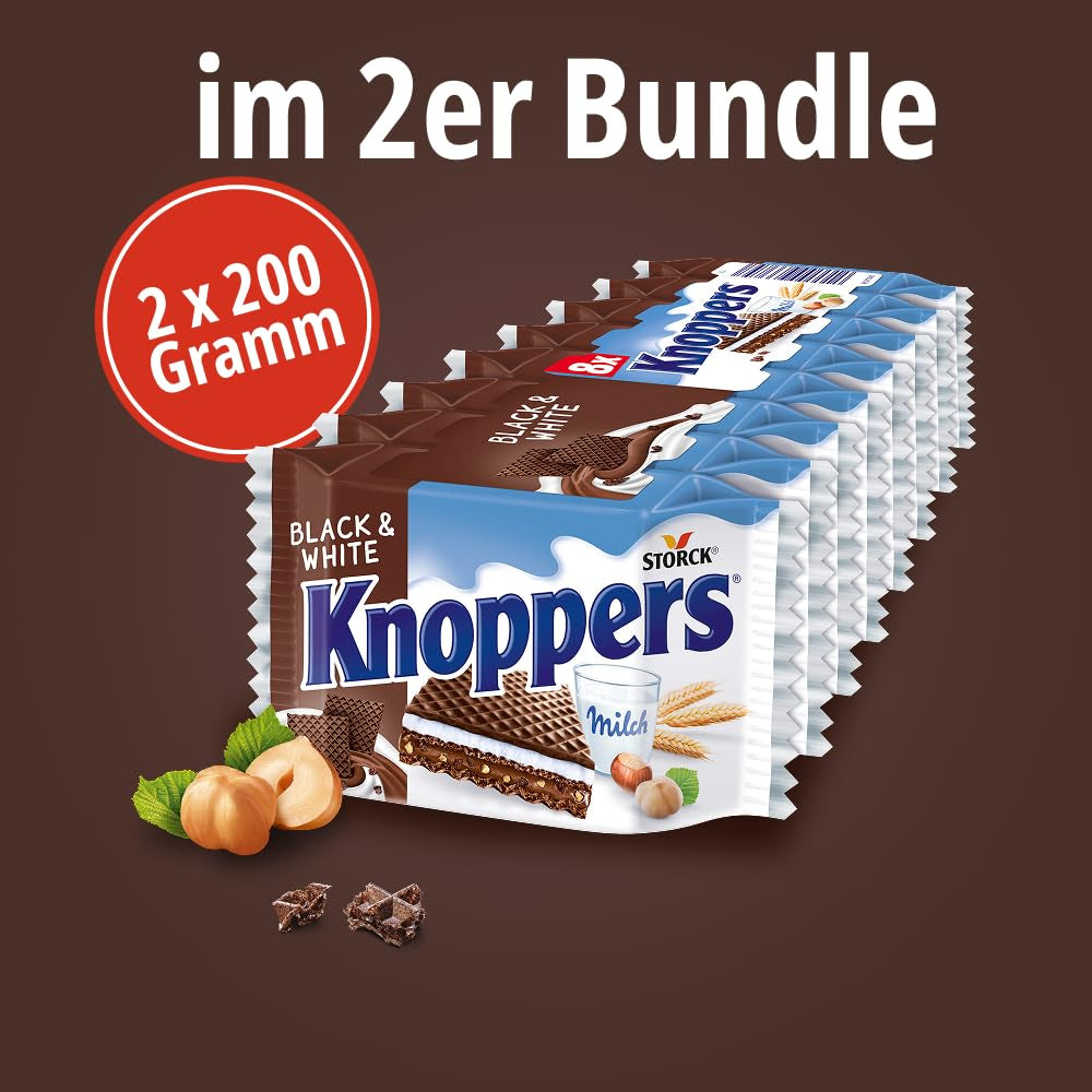 Noir et Blanc – 2 x 200g (2 x 8 pièces) – Tranches de gaufrettes fourrées de gaufrettes au cacao noir, morceaux de pâte noire, lait et crème de nougat