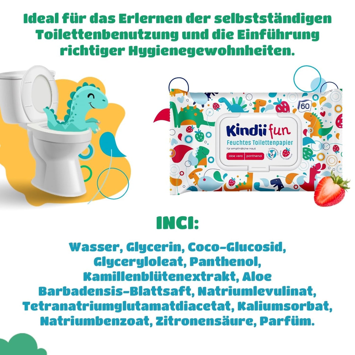 Kindii Fun Wet Toilet Paper - (10X60 pièces) Papier toilette humide - Camomille, Aloe Vera, Ph-Neutre, Waterable, Rafraîchit la zone intime - 600 pièces