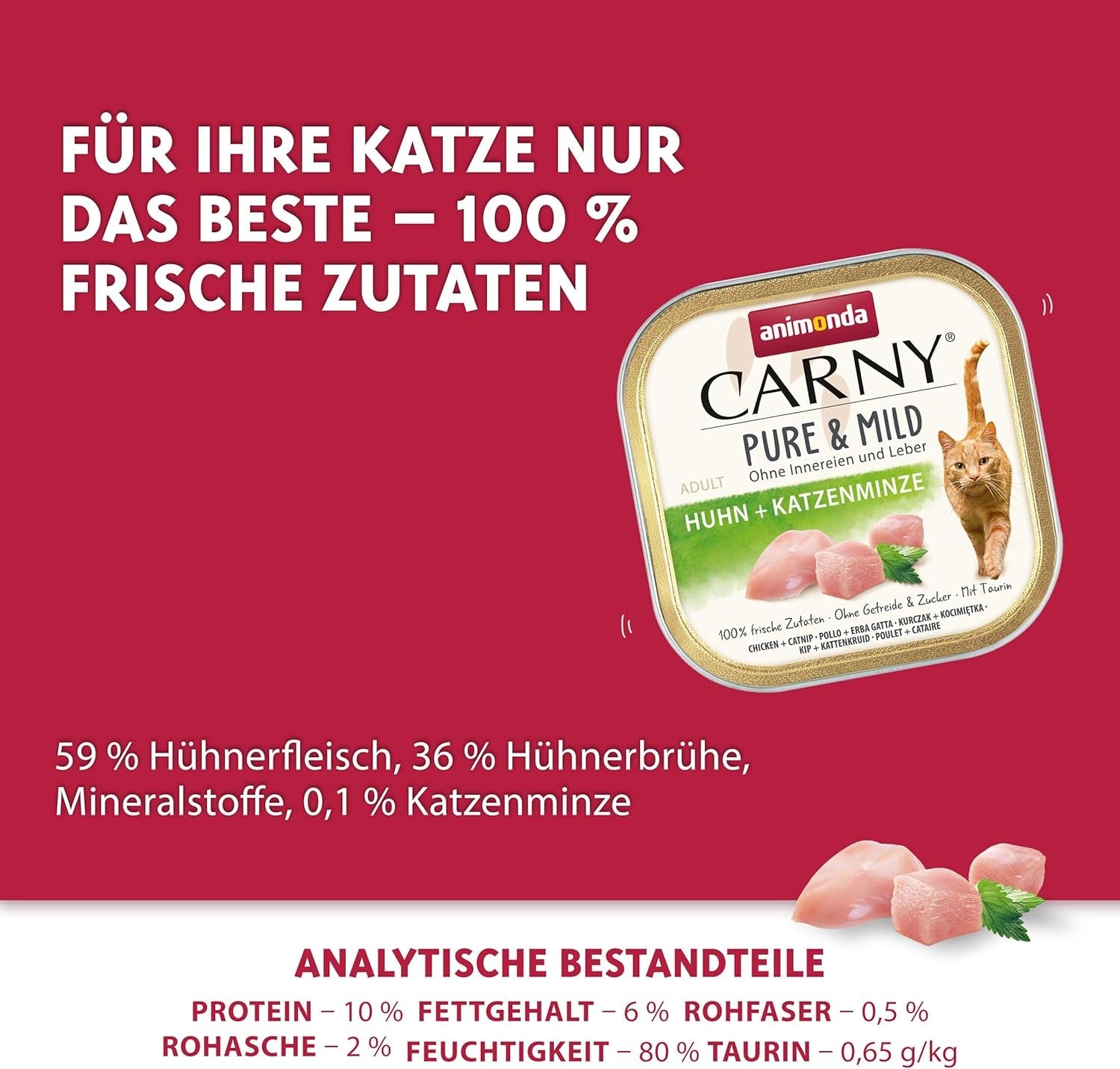 Nourriture humide pour chat Adult Pure & Mild au poulet et à l'herbe à chat (32 x 100 g), pour chats sensibles, sans céréales et sans sucre, nourriture humide au poulet facile à digérer