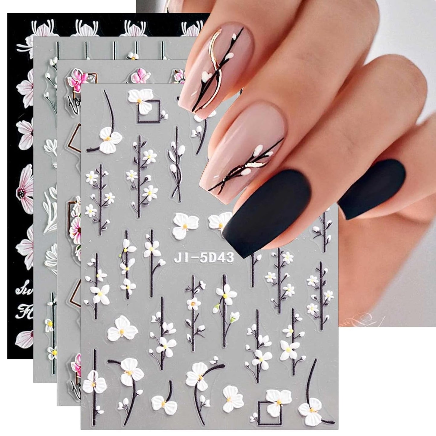 JMEOWIO Autocollants de manucure 3D pour ongles, fleurs, autocollants pour nail art, autocollants auto-adhésifs, bandes stéréoscopiques 5D, décoration de fleurs d'été, design de manucure, 4 feuilles