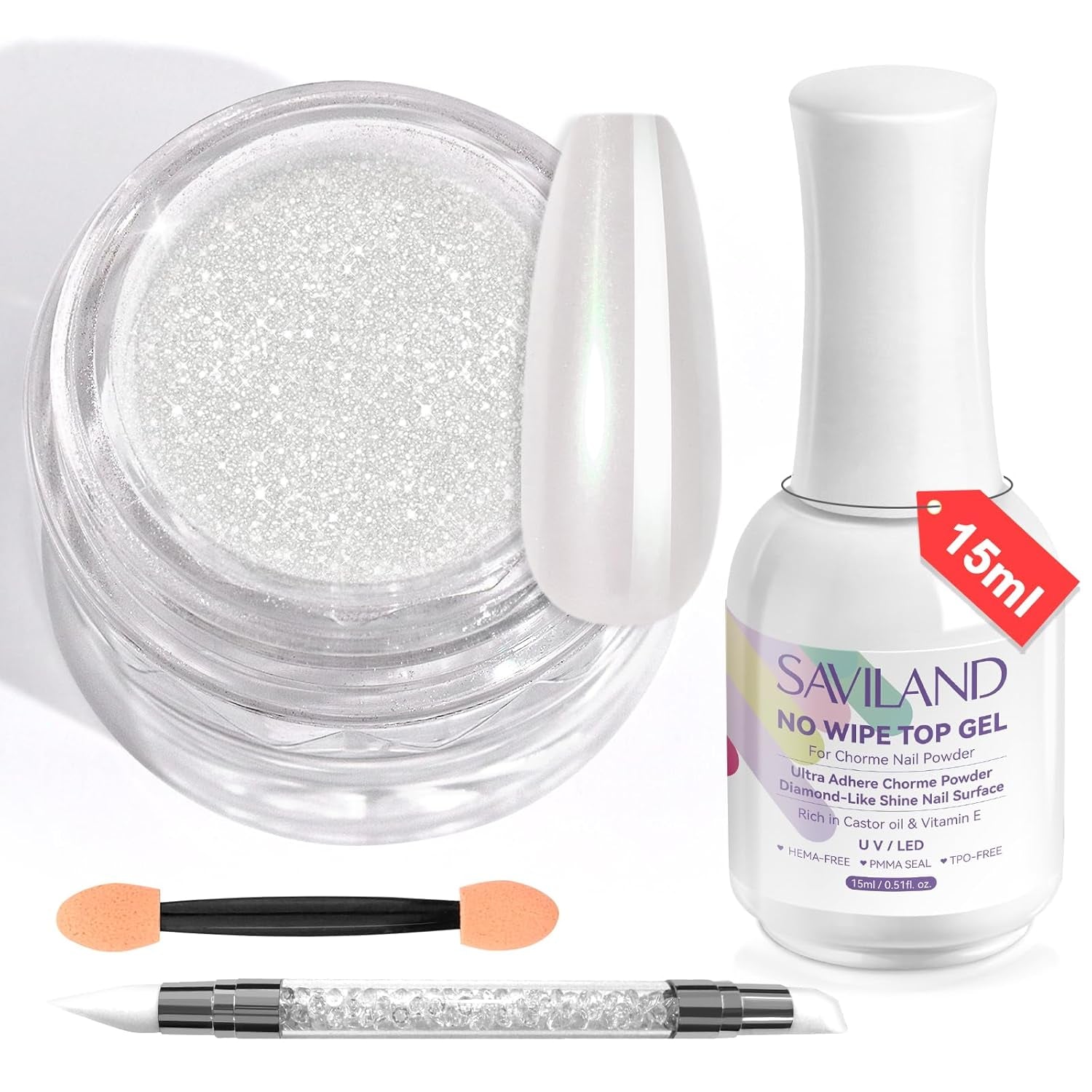Saviland Chrome Nail Powder Set - Rose Laser Chrome Nail Powder Effet Miroir Laser Nail Art, Nail Glitter Manucure Poudre Décorative avec Bâtons Éponge, Nail Glitter Powder Nail Salon