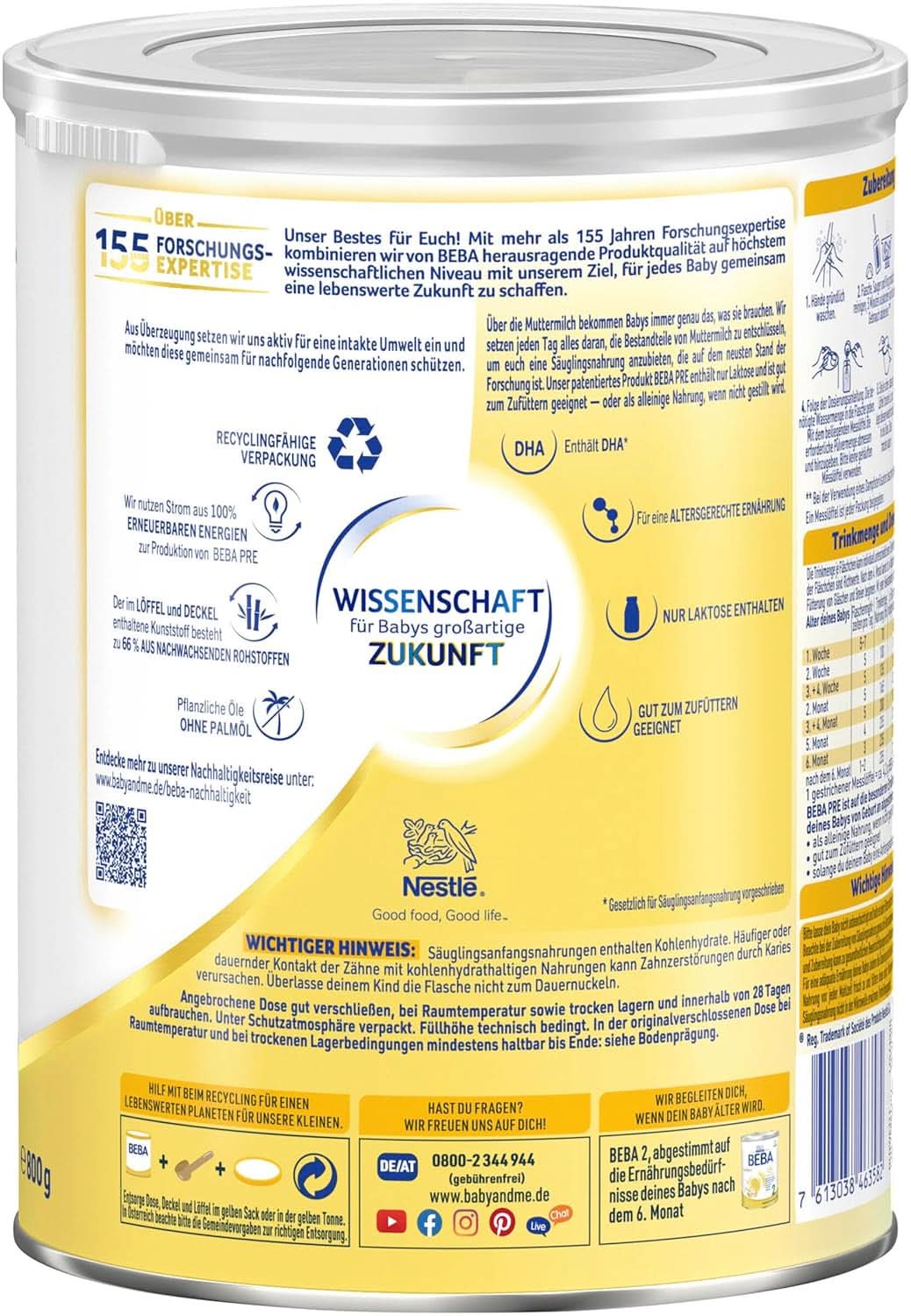 BEBA PRE Initial Lait dès la naissance, Aliment pour bébé avec DHA, Lactose uniquement, Sans huile de palme, Pack 3 (3 x 800g) Naty Shop