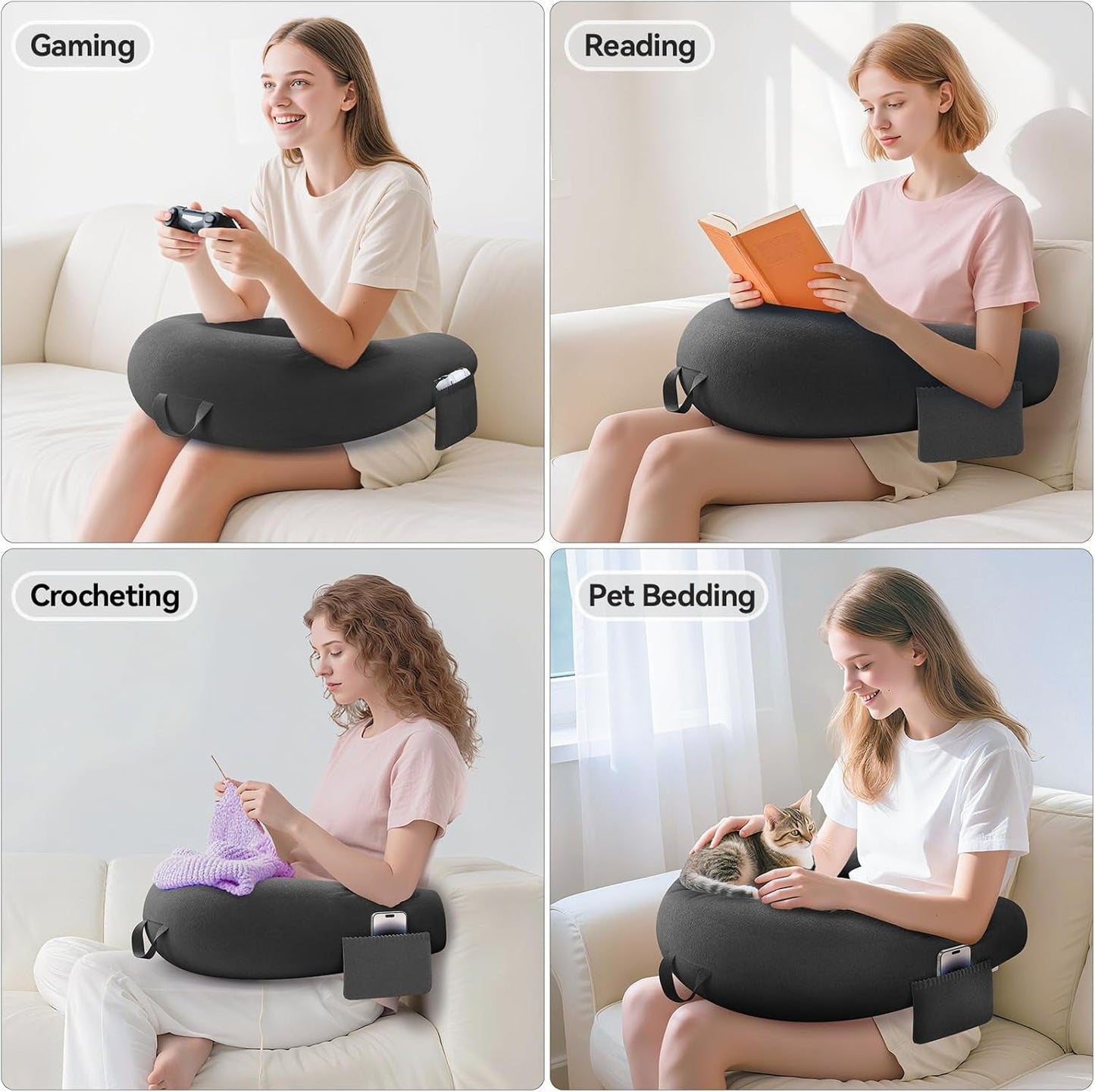 Oreiller de jeu et de lecture, oreiller de lecture pour lit/canapé/sol, oreiller d'alimentation/crochet avec grand oreiller de jeu ergonomique, oreiller de joueur pour iPad/ordinateur portable – Noir