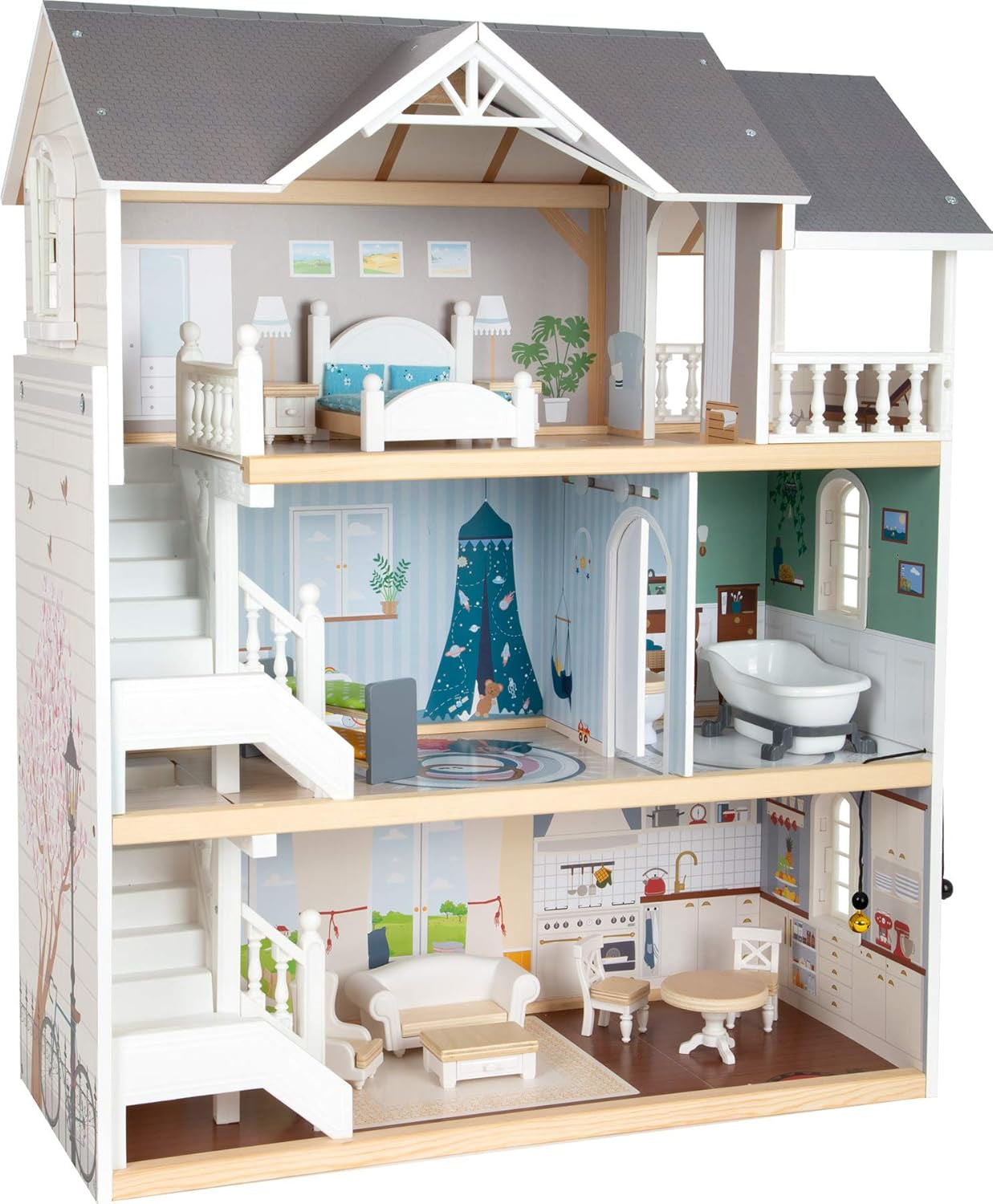 Small Foot Maison de poupée Maison de ville en bois à 3 étages avec façade ouverte et 12 meubles pour 3 ans et plus 11802 Maisons de poupée gris blanc Naty Shop Town House