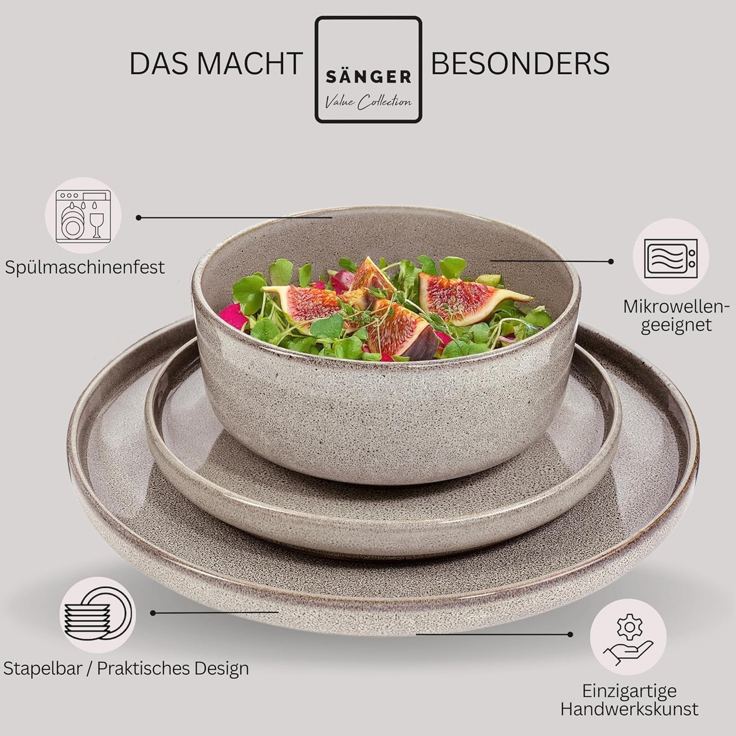 SÄNGER Argile du Caire | Service de table 24 pièces, service de table en grès pour 6 personnes, 6 assiettes, 6 assiettes à dessert, 6 bols à pâtes, 6 bols de service, service de table gris | LA COLLECTION VALEUR
