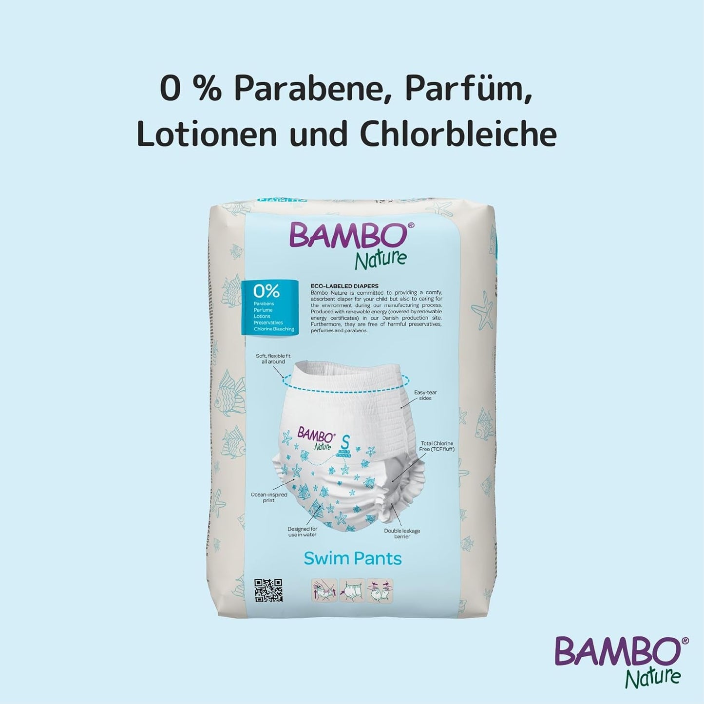 Couches de bain Bambo Nature Baby, taille S (7-12 kg), 12 couches | Couches de bain jetables Secure Fit | Confort imperméable pendant les jeux aquatiques