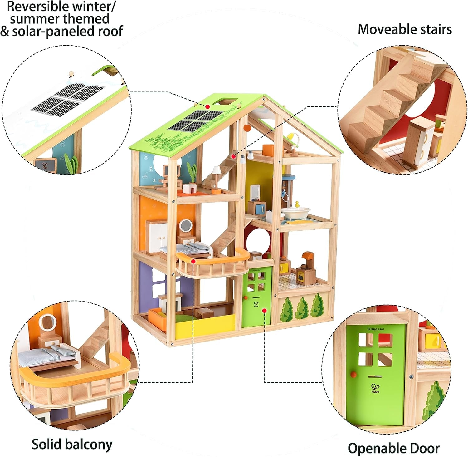 Hape Four Seasons Dollhouse - maison de poupée en bois primée à trois étages avec meubles, accessoires, escaliers coulissants et toit réversible pour toutes les saisons, pour les enfants de 3 ans et plus