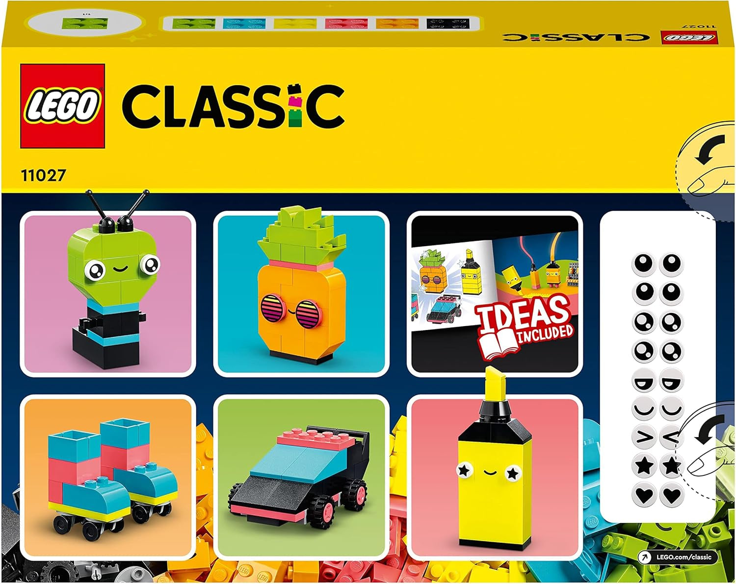 LEGO 11027 Classic Neon Creative Building Set, coffret de briques, jouet de construction avec modèles : voiture, ananas, extraterrestre, patins à roulettes, figurines et plus encore, pour les enfants à partir de 5 ans Jeux de construction Besuche den LEGO-Store