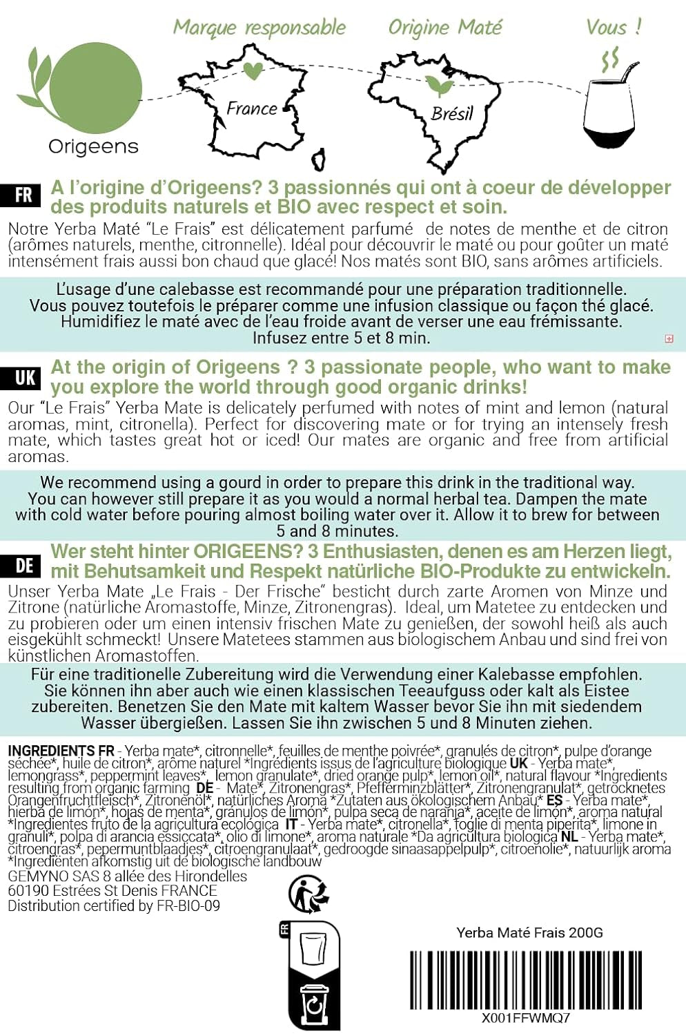ORIGEENS BIO YERBA MATE À LA MENTHE ET CITRON 200 G - Fraîcheur I Yerba Mate Bio non torréfiée, feuilles, sans tiges ni poussière
