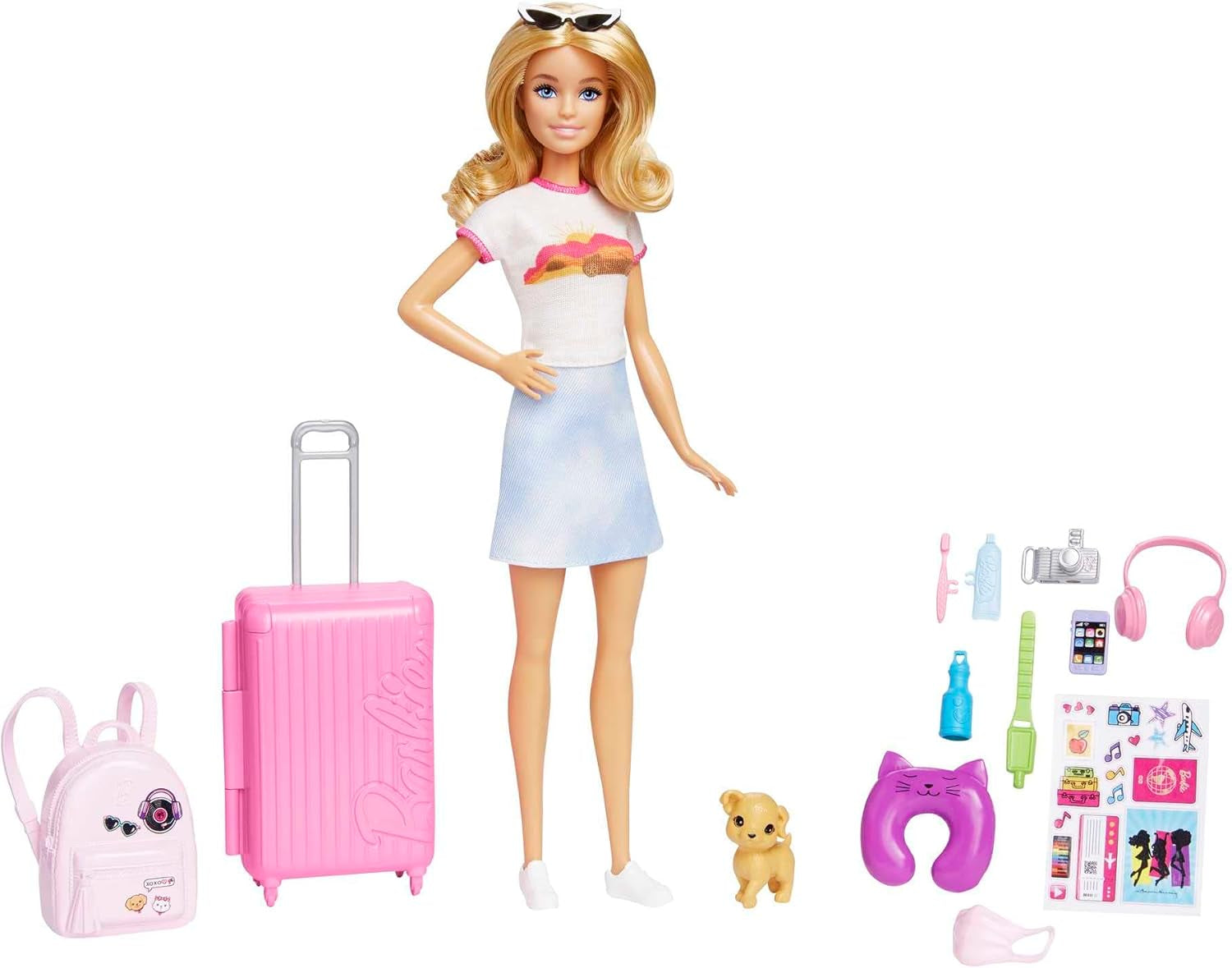 Poupée Barbie, Barbie de voyage aux cheveux blonds, plus de 10 accessoires de voyage, autocollants, valise, chiot, comprend 1 poupée, cadeau pour enfants, jouet à partir de 3 ans, HJY18