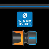 Fiskars Kit de tuyaux d'eau pour roue à eau avec 2 connecteurs de tuyau et connecteur de robinet, taille universelle, niveau de rigidité en torsion 4 (sur 5), 1,8 m, Ø1,3-1,5 cm (1/2-5/8"), noir/orange/bleu, 1057621